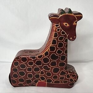 ​Vtg Hand Painted Leather Giraffe Piggy Bank Embossed Coin Bank Nursery Decor 7"